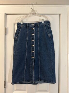 Button-Front Denim Midi Skirt